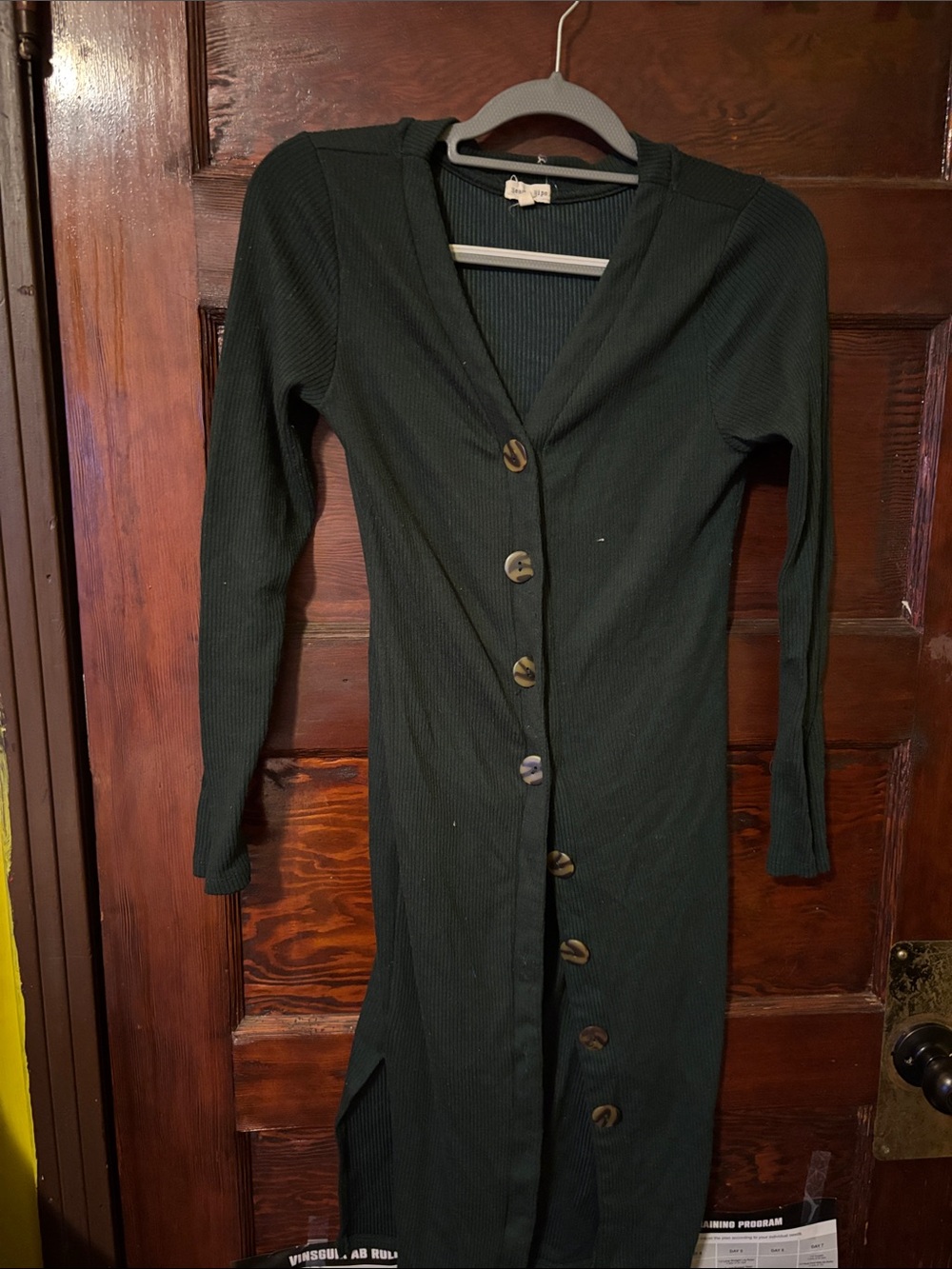 Heart Hips Dark Green Ribbed Button-Front Long Sleeve Dress